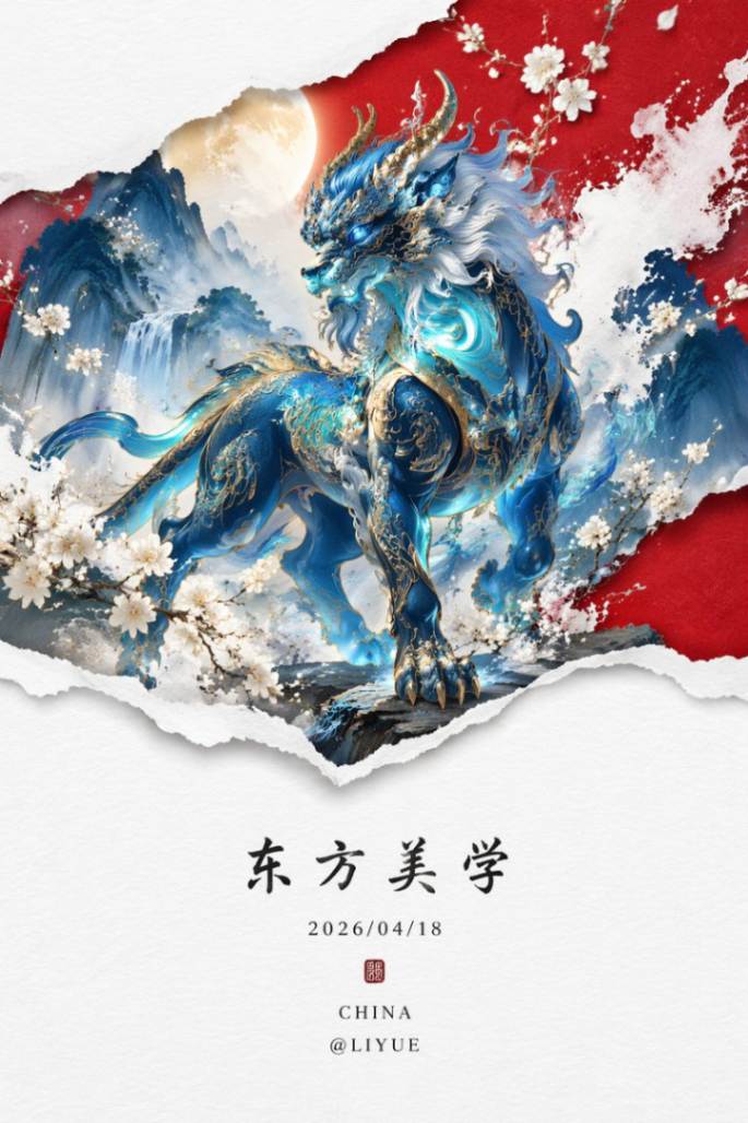新中式极简海报：纸艺撕边下的荧光蓝神兽穷奇