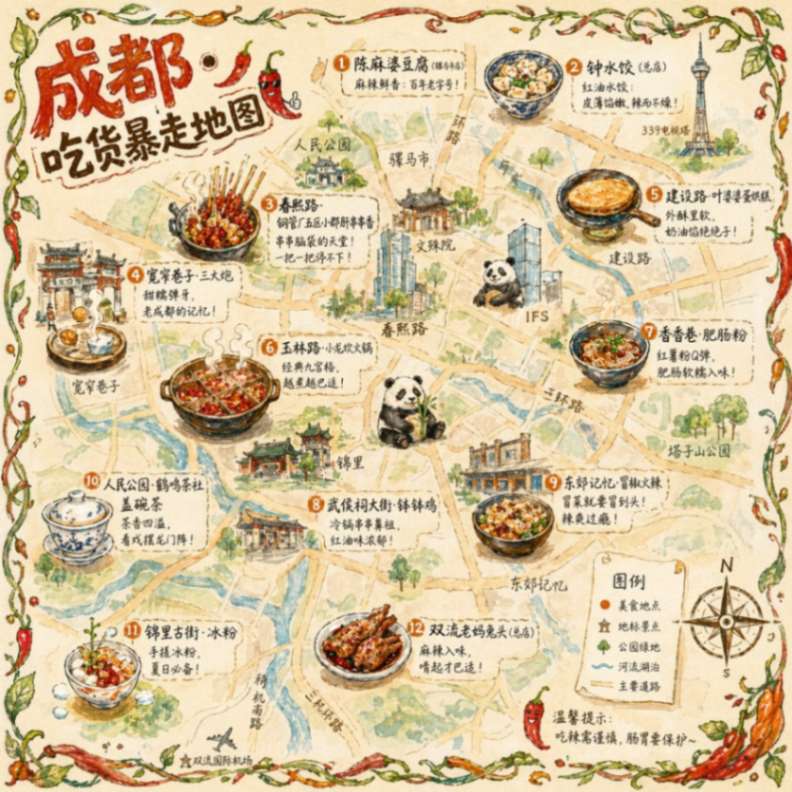 成都手绘美食地图：微缩世界的烟火气
