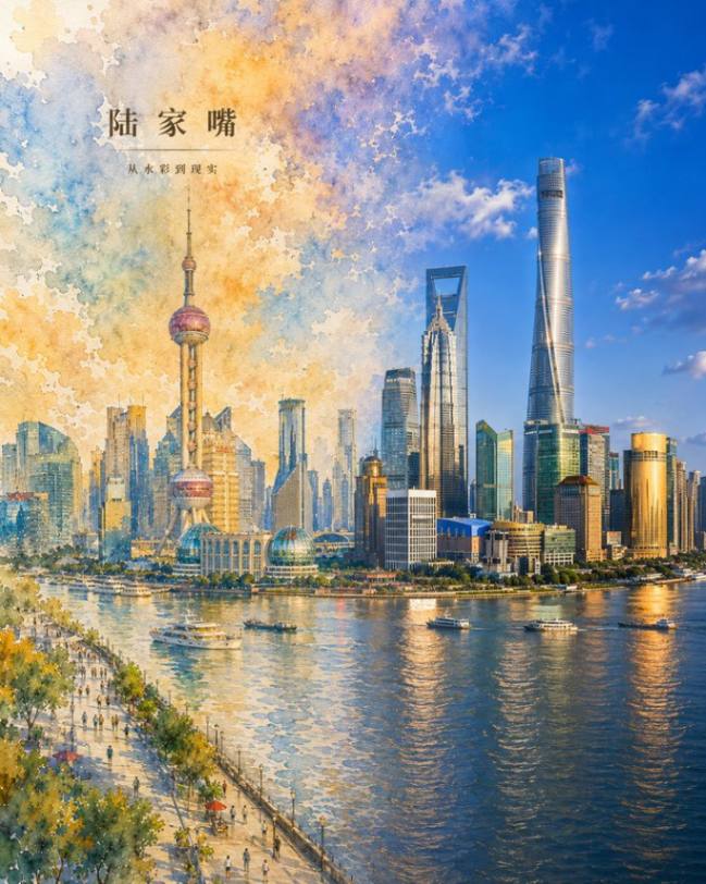 上海陆家嘴水彩与现实融合城市景观