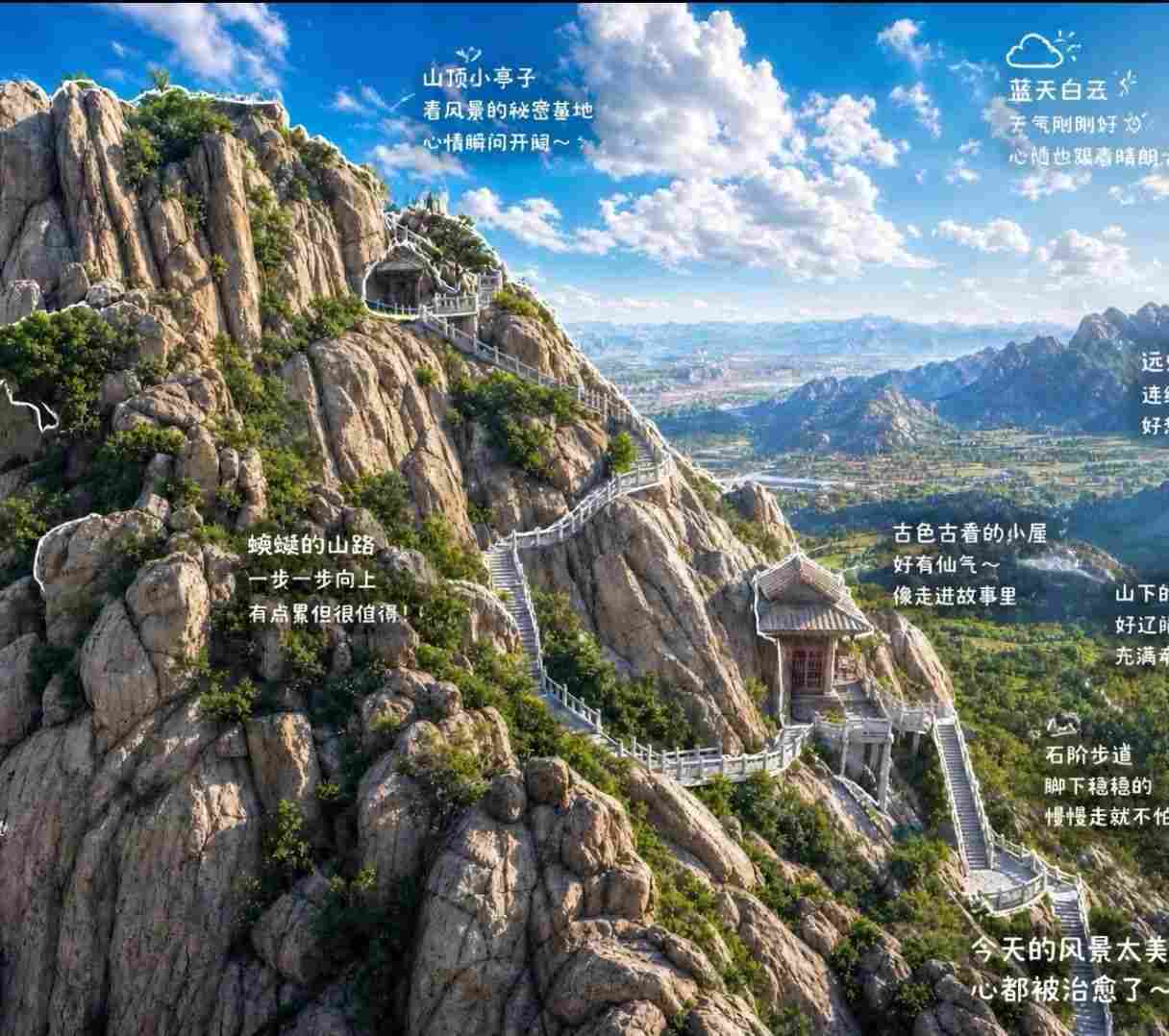手绘风山景攻略图，带治愈系注解