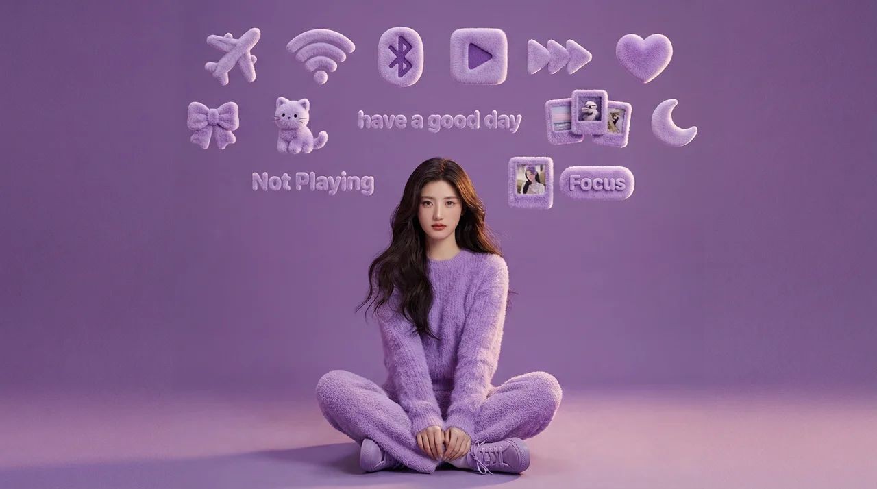 紫色毛绒世界中的静谧少女：悬浮图标与温柔光晕