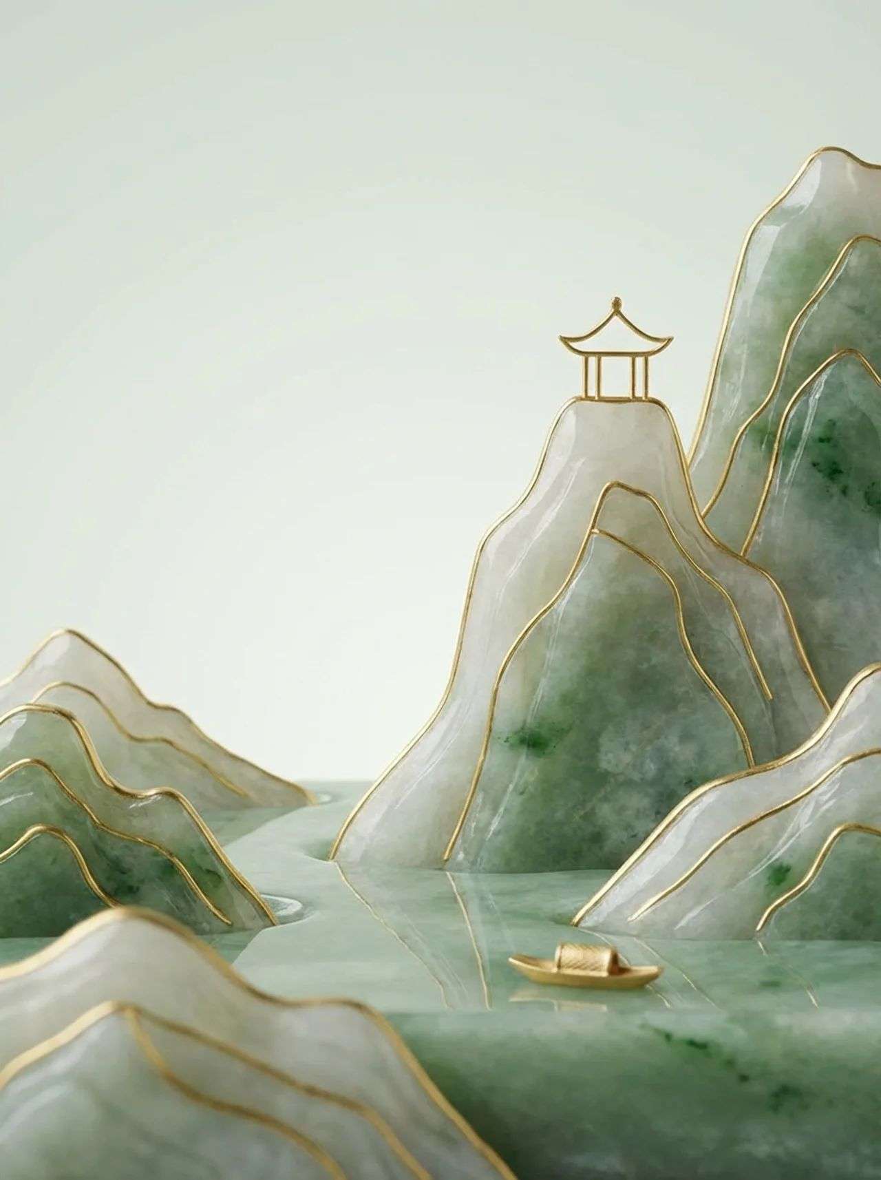 玉境山水：微缩亭舟，金线勾勒东方意境