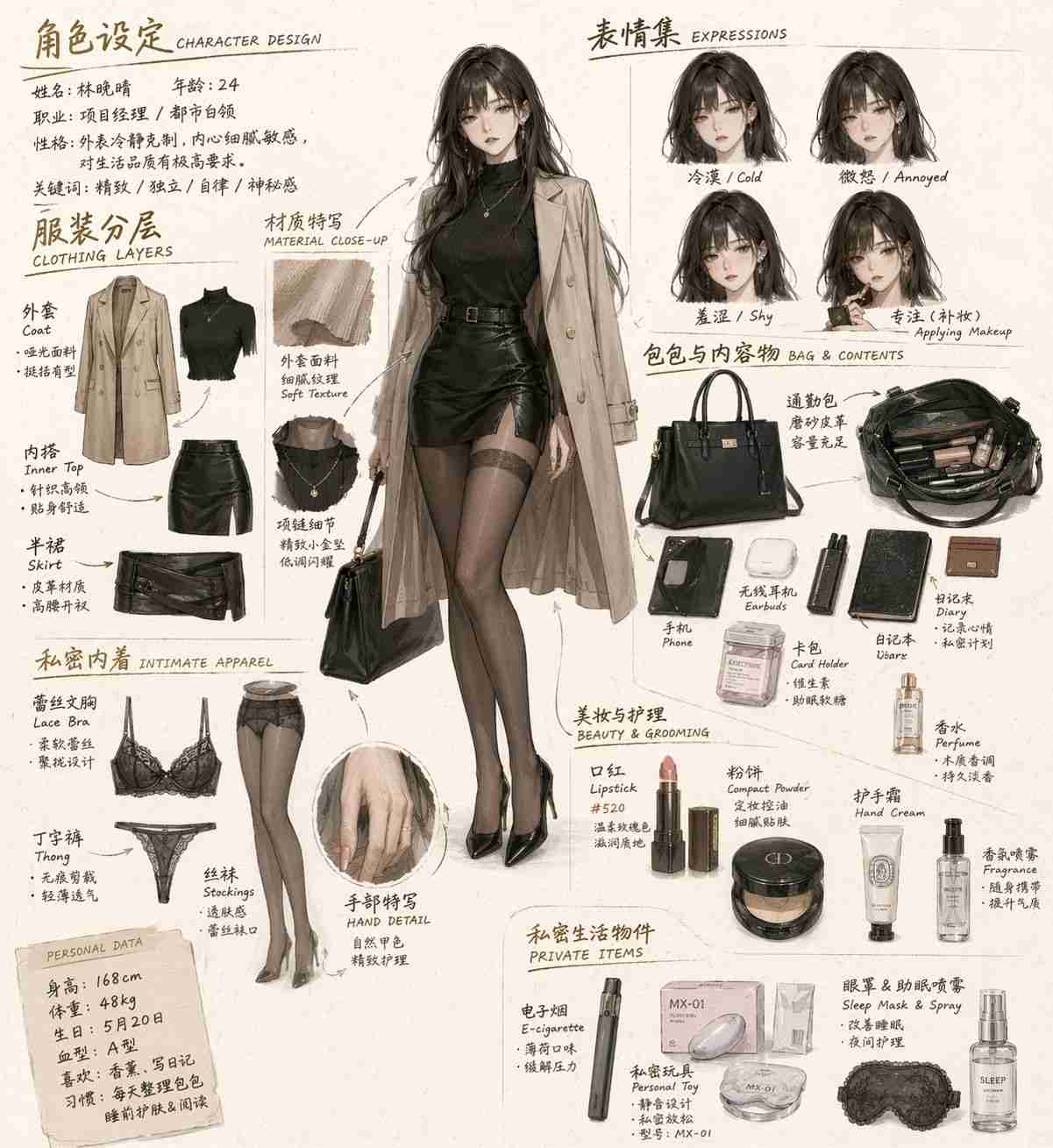 都市白领女性角色设定图：服装拆解与私密生活细节展示