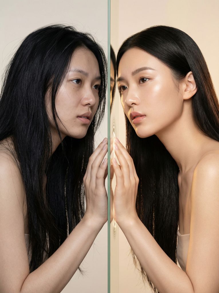 镜中蜕变：素颜与精致妆容的对比