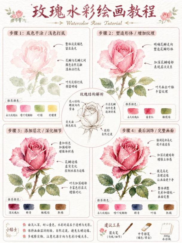 玫瑰水彩绘画四步教程指南