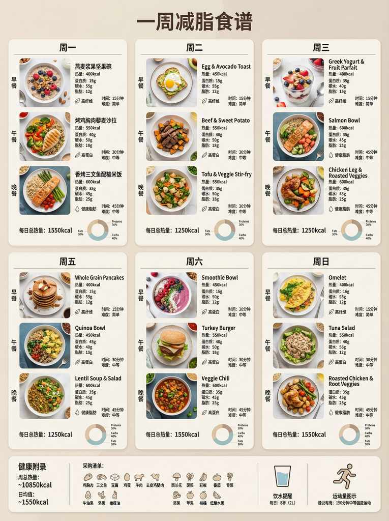 一周科学减脂食谱信息图（博物馆极简美学）