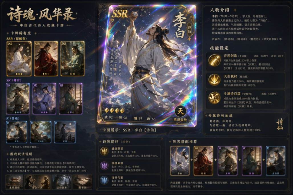 中国古代诗人李白游戏收藏卡牌界面展示