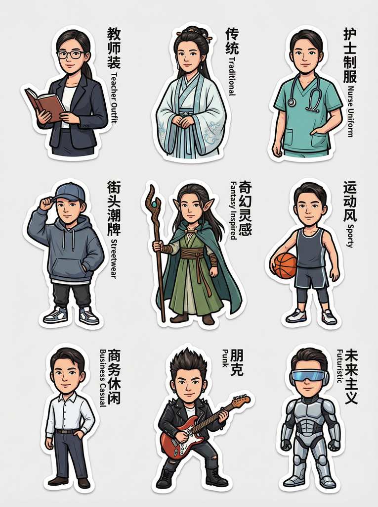 九宫格时尚角色贴纸包：多风格造型