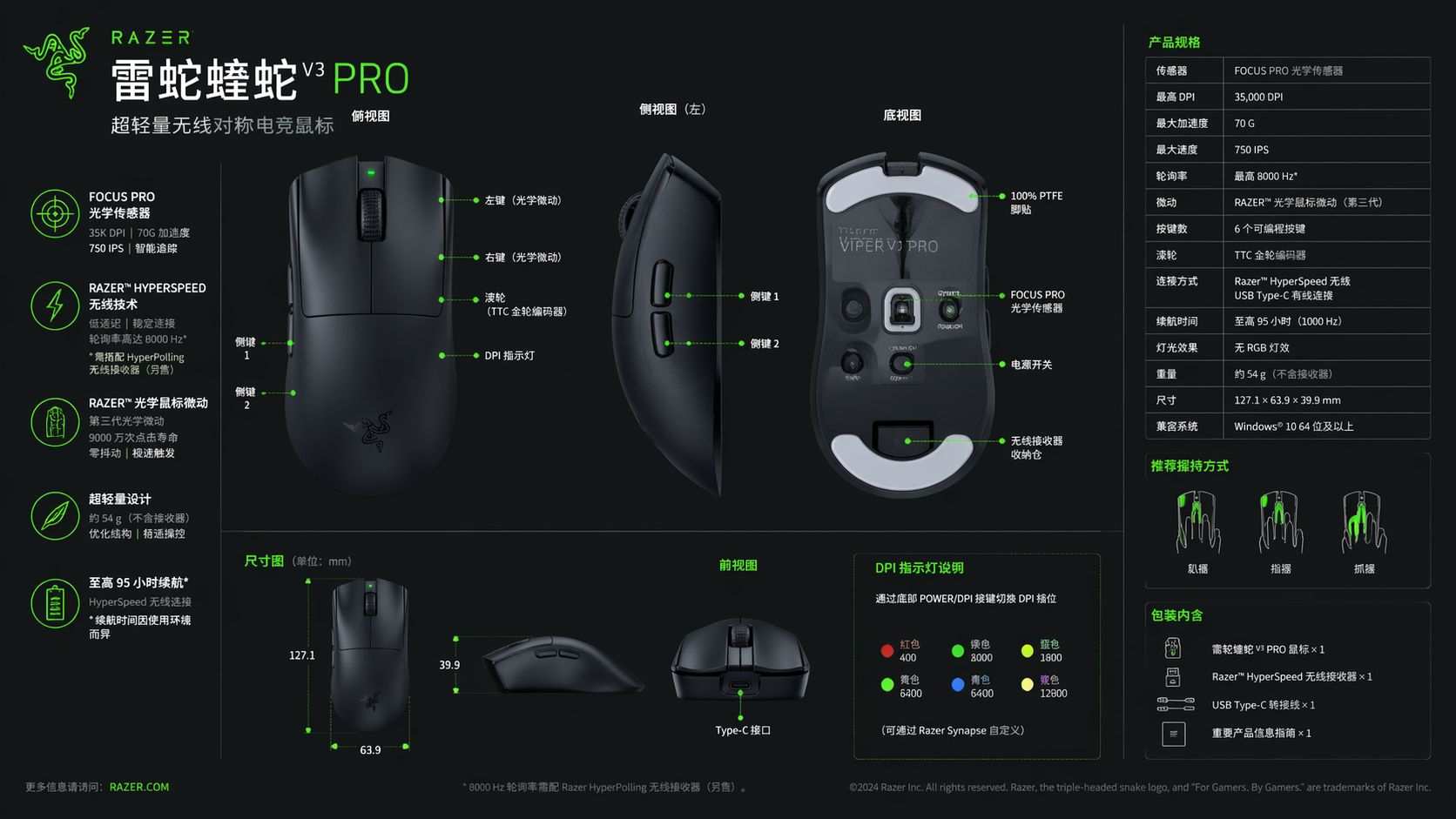 雷蛇蝰蛇V3 Pro鼠标产品规格说明图