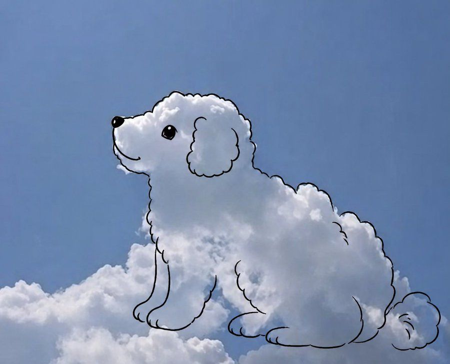 云朵小狗插画，蓝天背景下的可爱形象