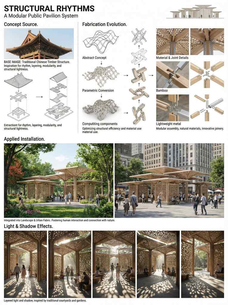 参数化书法亭：流动形态与光影的国风建筑