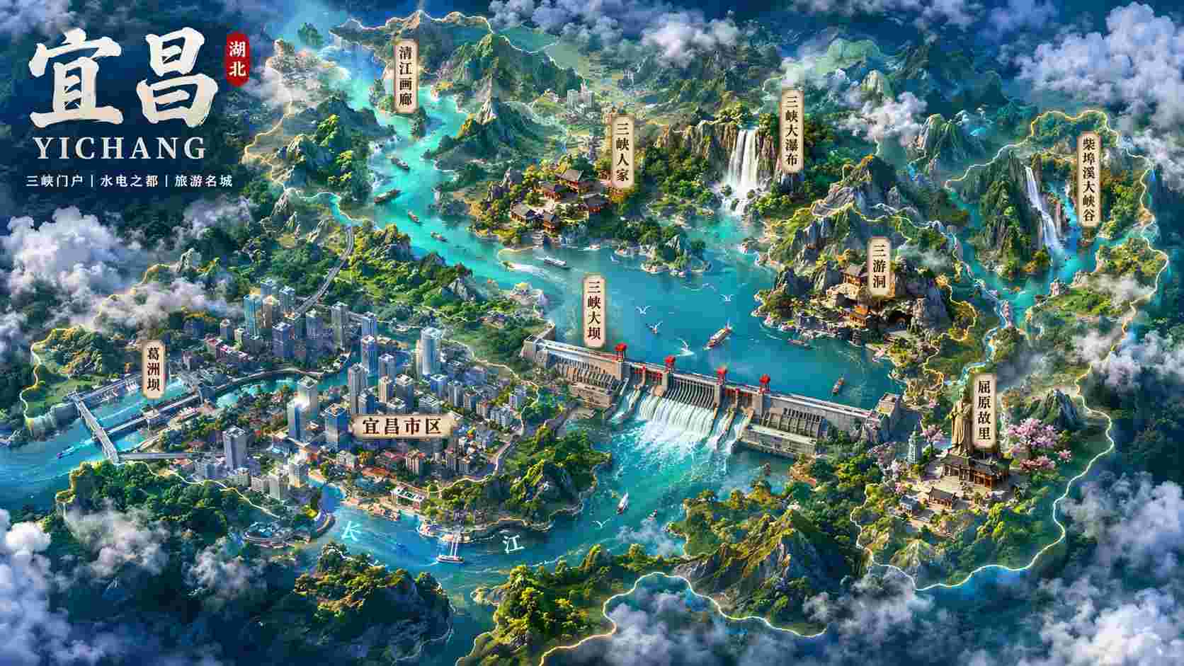 宜昌城市旅游宣传图：立体地图与地标建筑