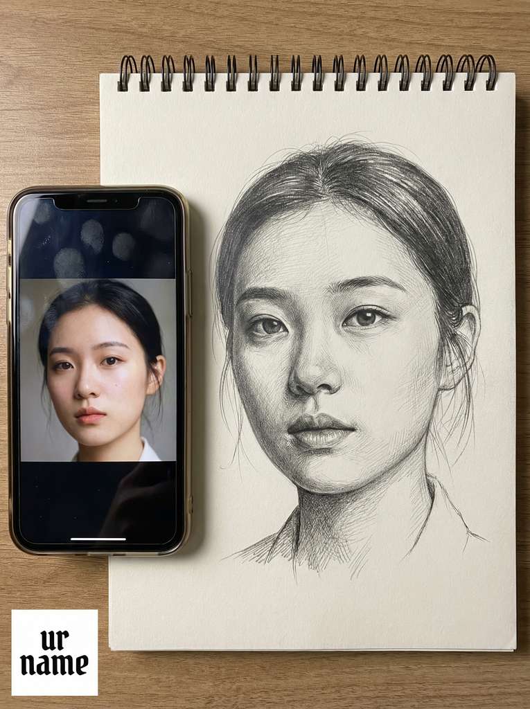铅笔素描中国偶像女孩肖像与手机参考图