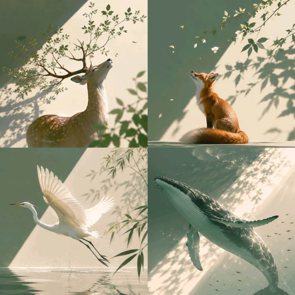 四格拼贴森林与海洋生灵艺术插画