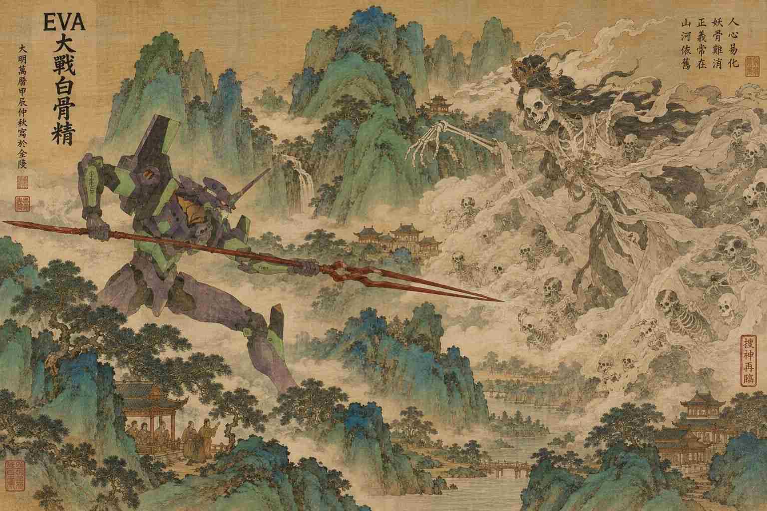 明代青绿山水风EVA大战白骨精插画