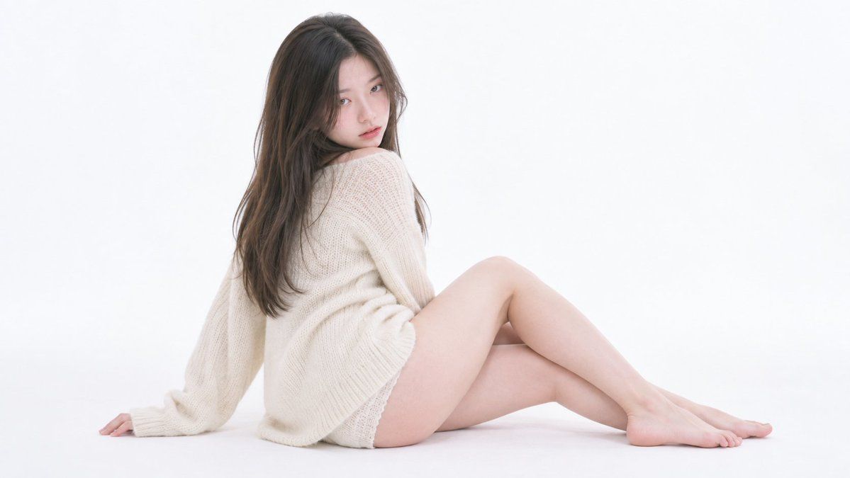 白底侧坐回眸长发女子
