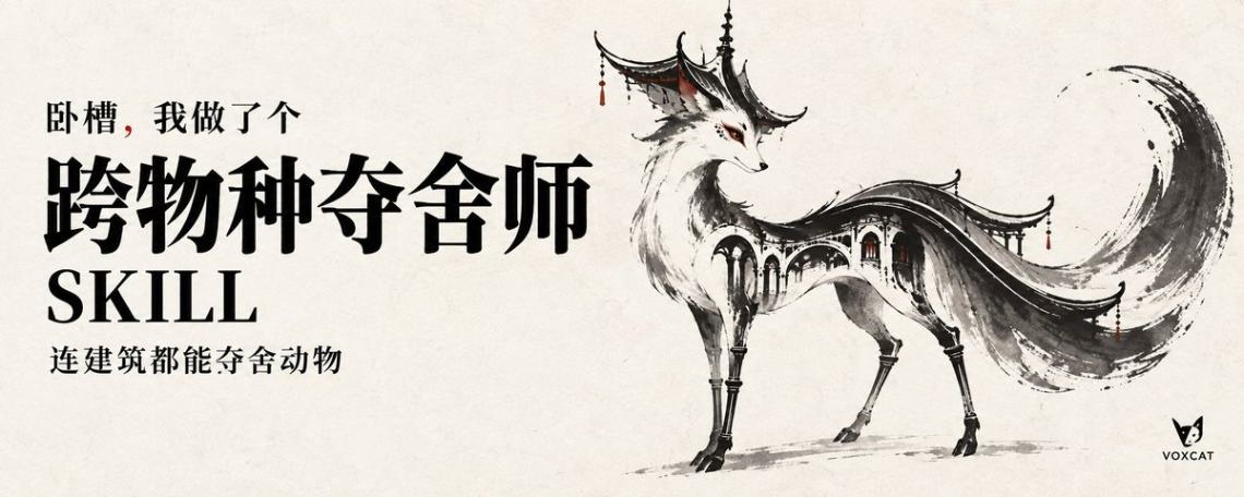 建筑元素动物化的水墨角色设计