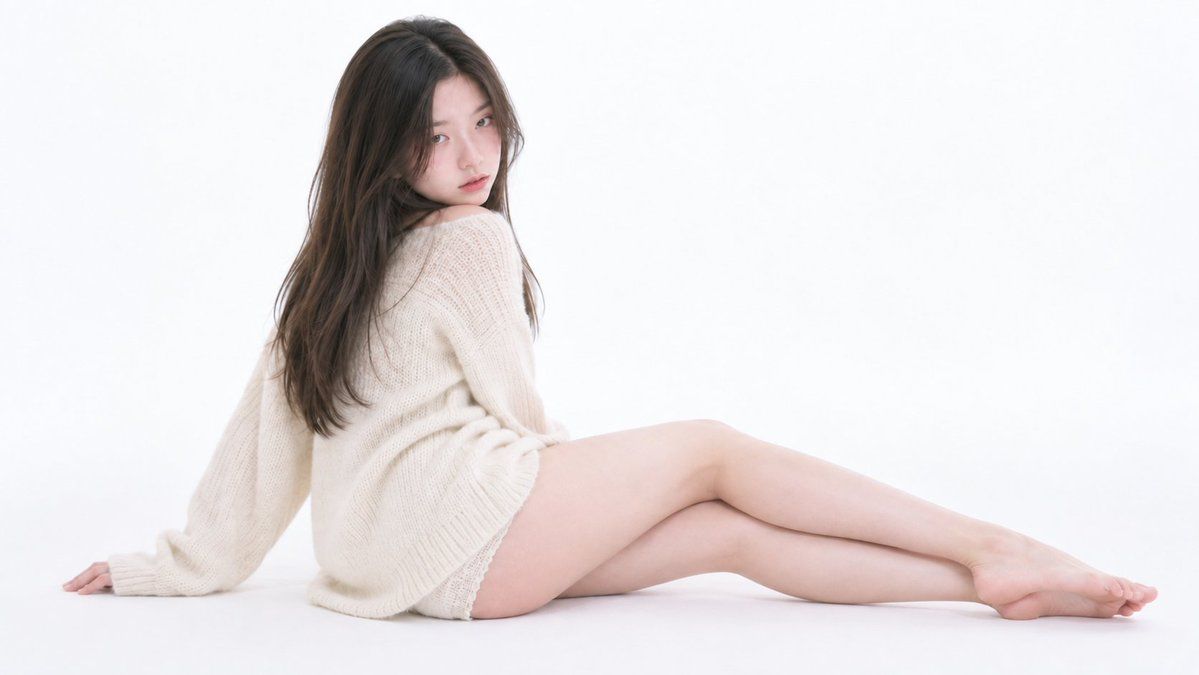 白背景坐姿女性回眸人像摄影