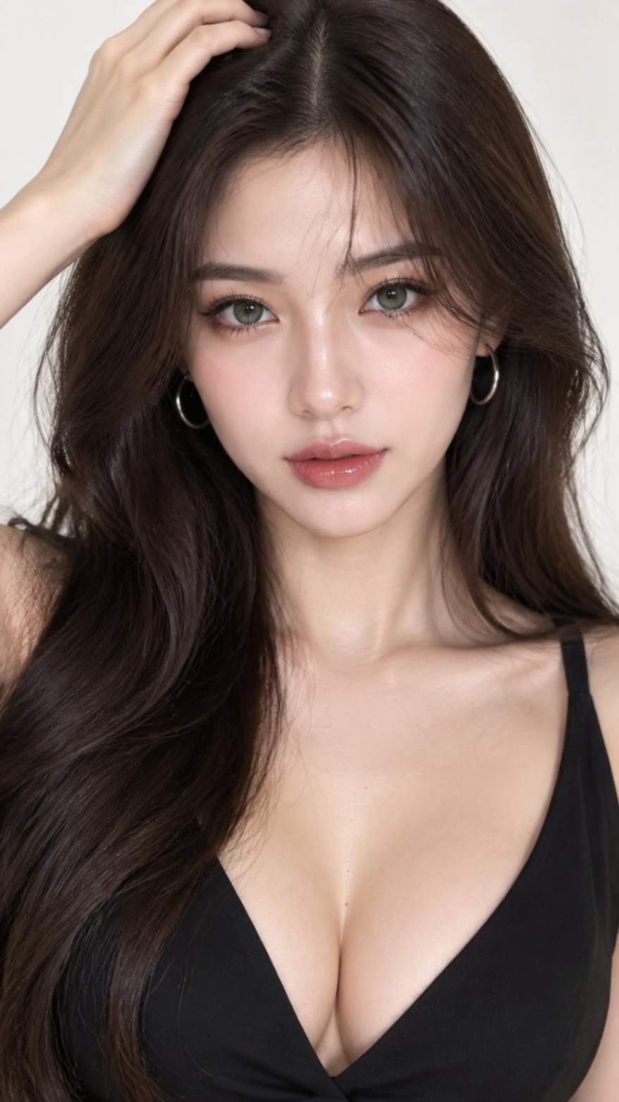 年轻女性正面肖像，手抚长发，黑色深V上衣