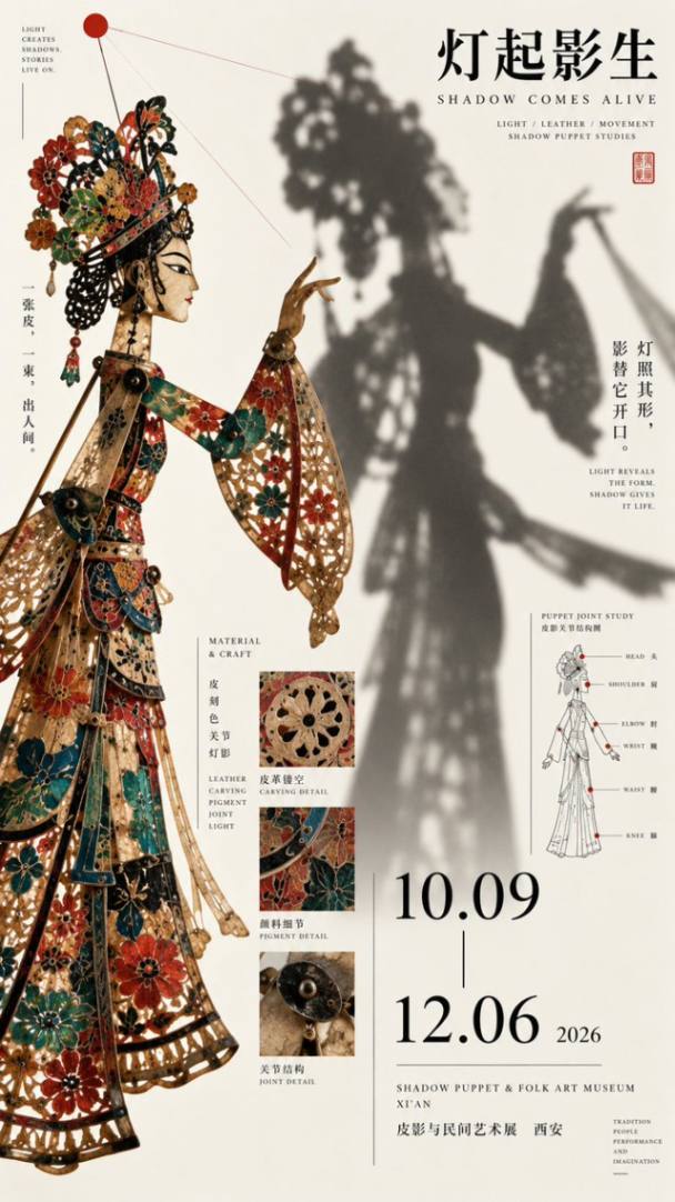 皮影戏展览海报：灯起影生
