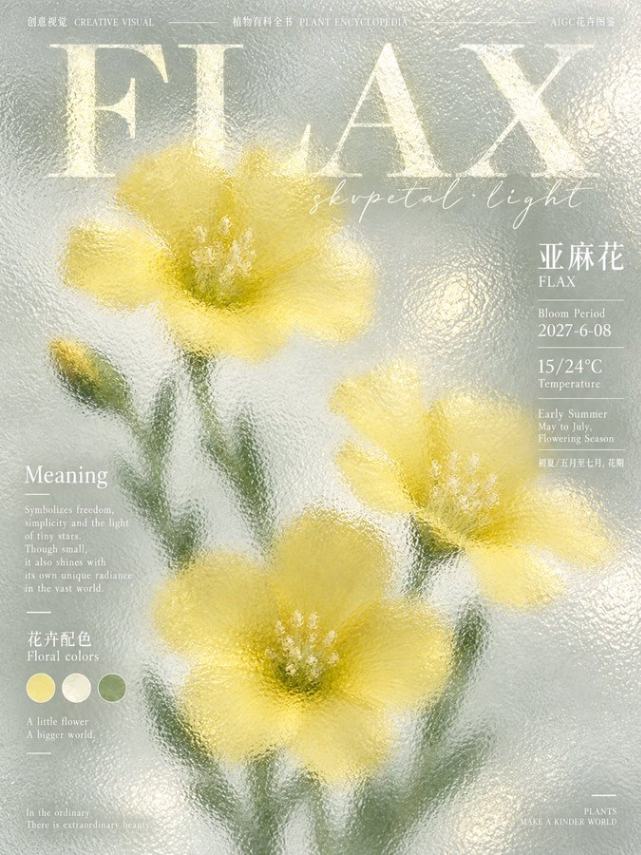 磨砂玻璃质感亚麻花植物图鉴海报