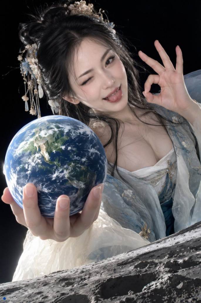 汉服女子月球视角手托地球