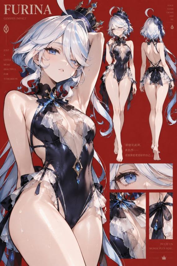 芙宁娜泳装角色设定插画多视角展示