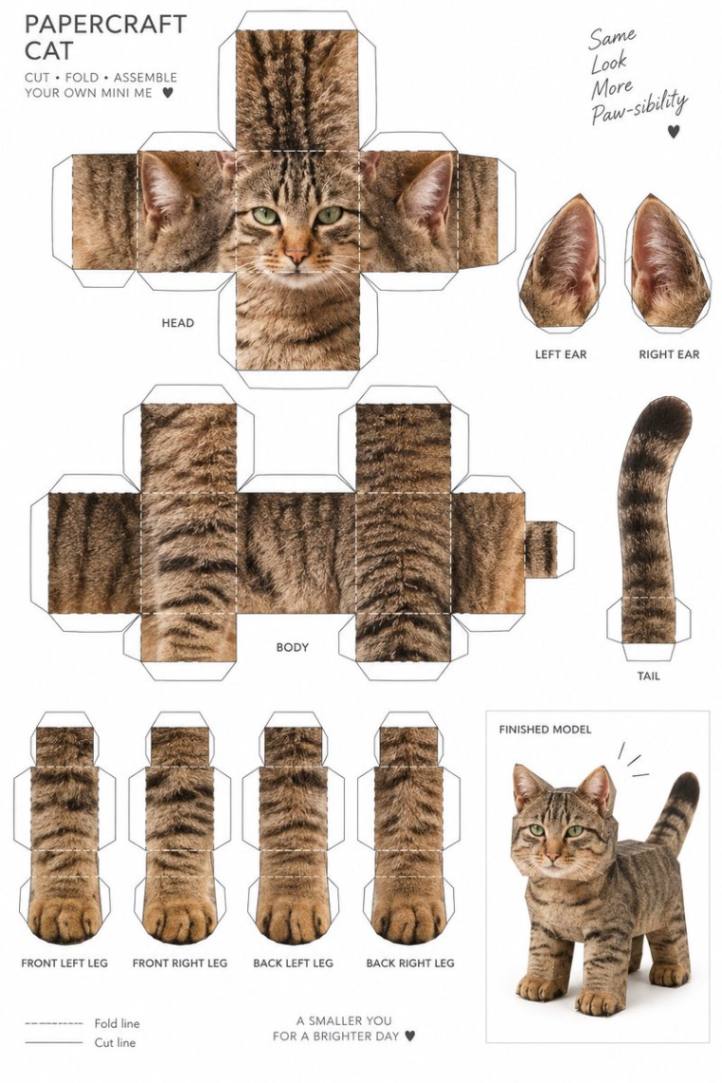 虎斑猫纸模展开模板与立方体成品
