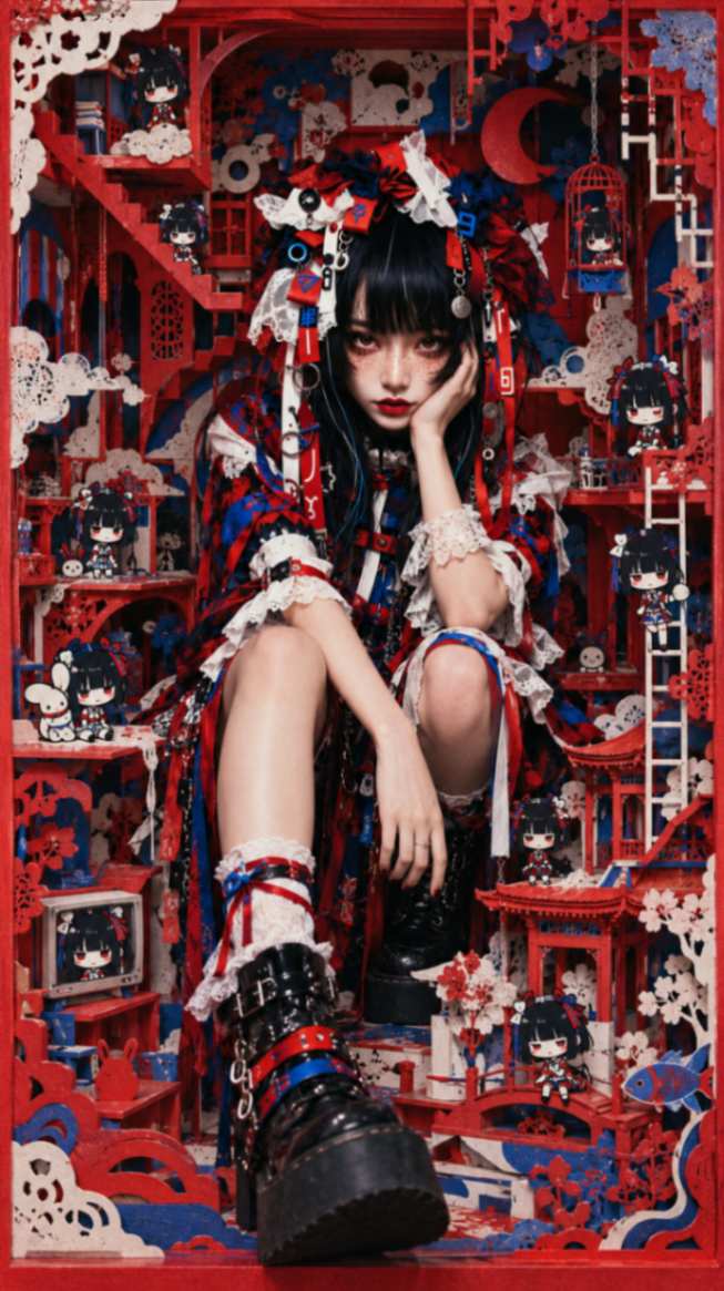 红蓝盒景中的少女与Q版人偶