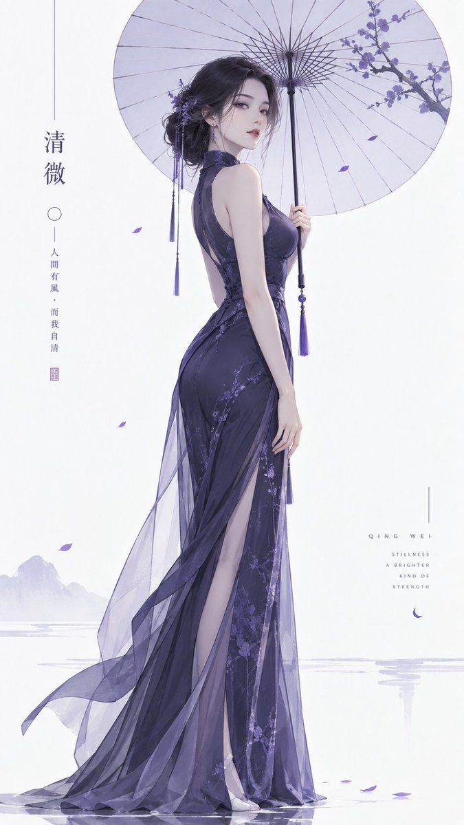 持纸伞侧立的国风女子插画