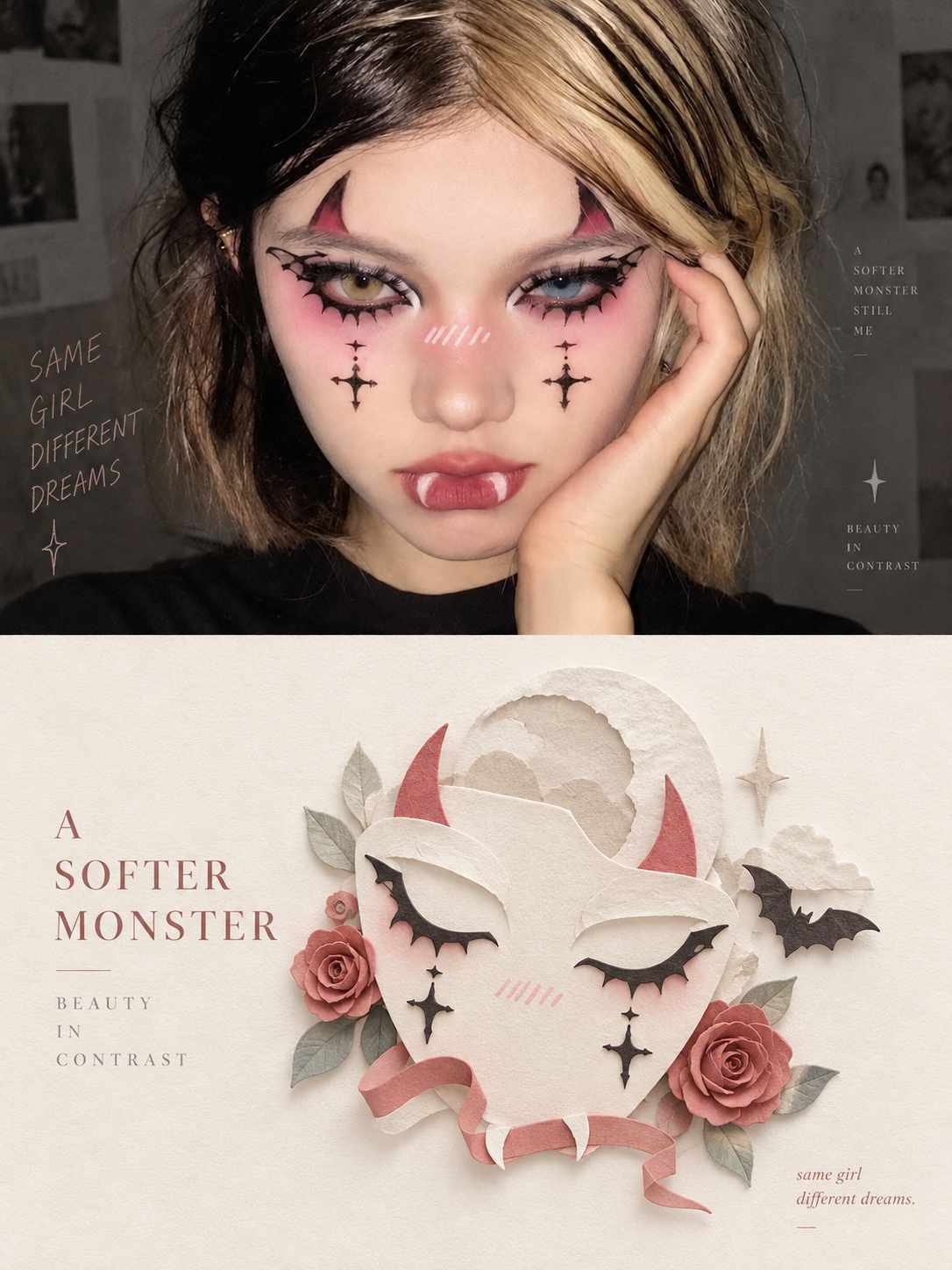 异色瞳少女肖像与立体纸艺重构的创意海报