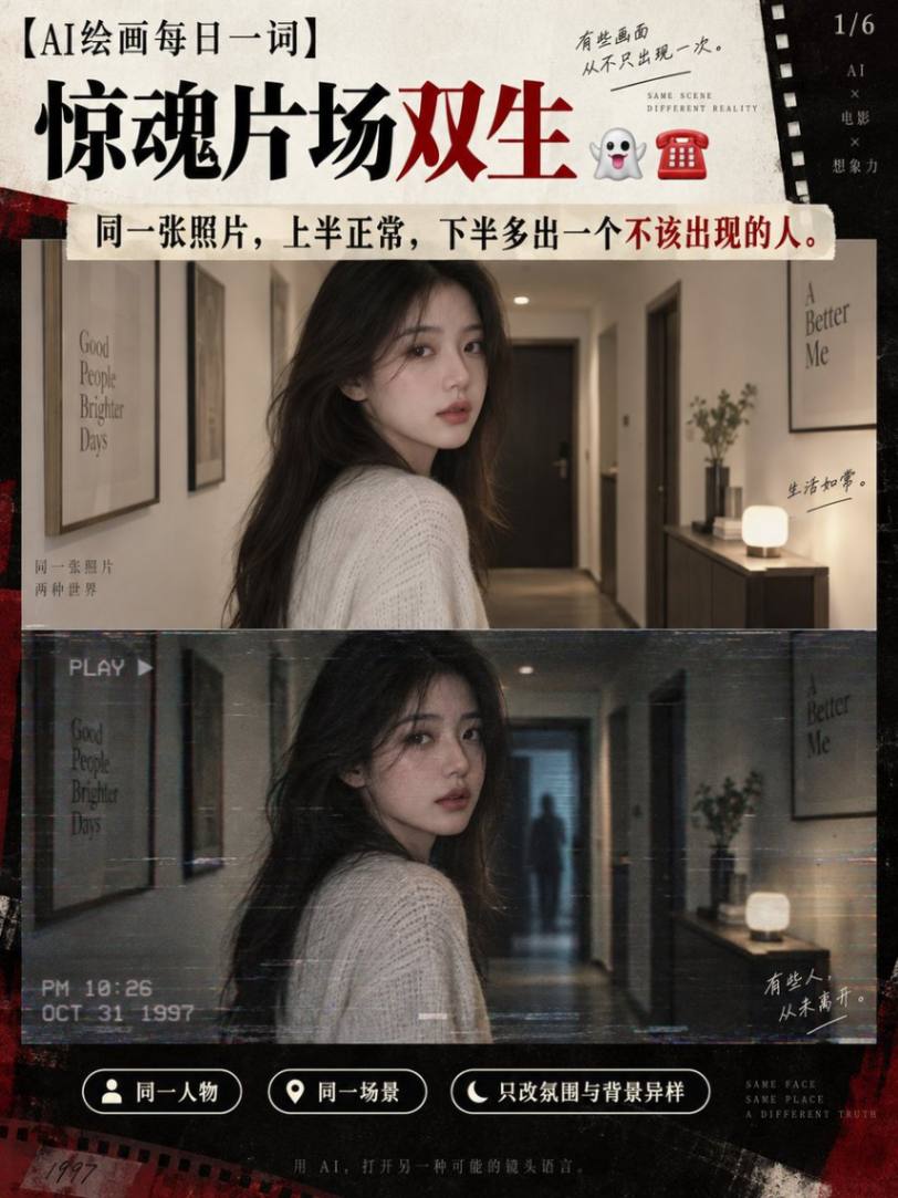 人物走廊照片与VHS悬疑人影对比海报