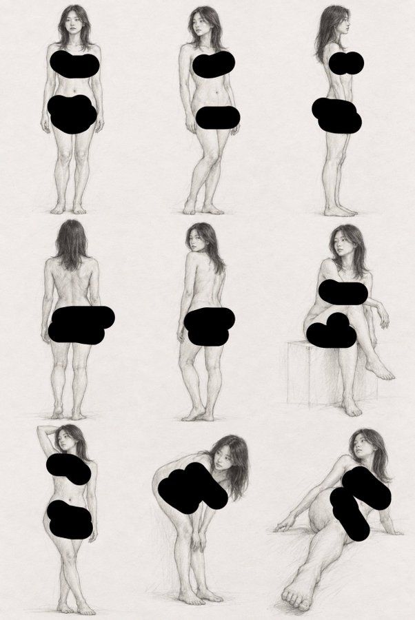 多角度女性人体铅笔素描速写