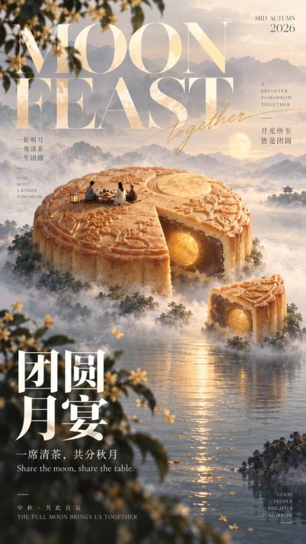 超尺度月饼与微型人物的中秋海报